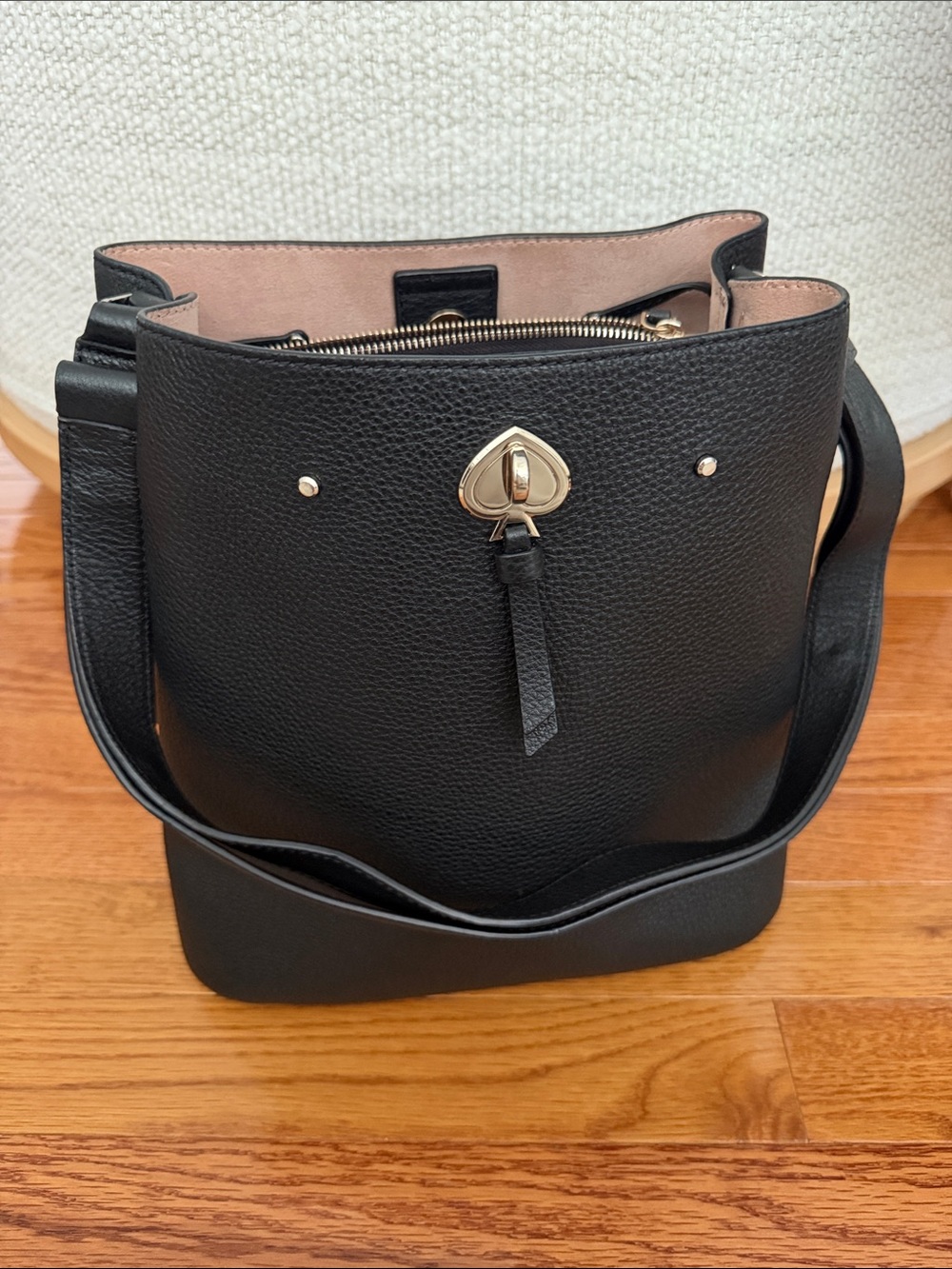 Black Leather Bucket Shoulder Bag with Gold Hardware